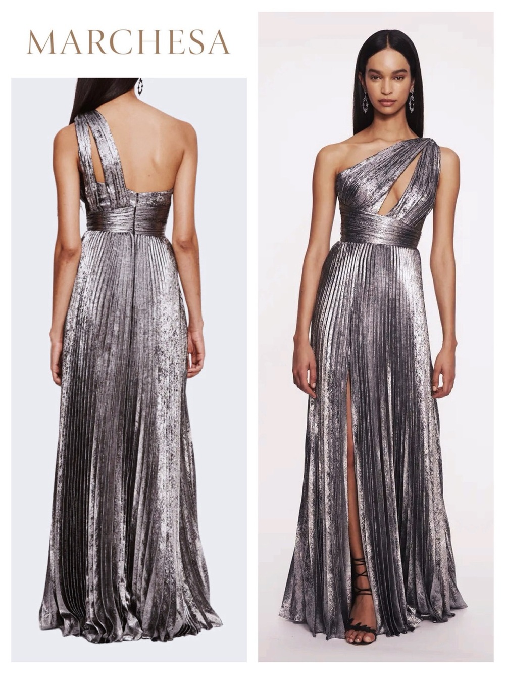 MARCHESA NOTTE Metallic Lamé Pleated Gown